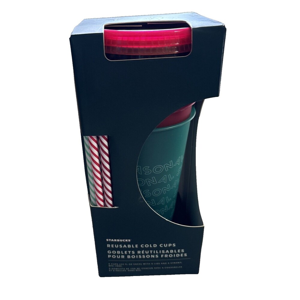 Starbucks Reuseable Cold Cups 24 Ozs. Holiday - 5 Color Changing 5 Straws